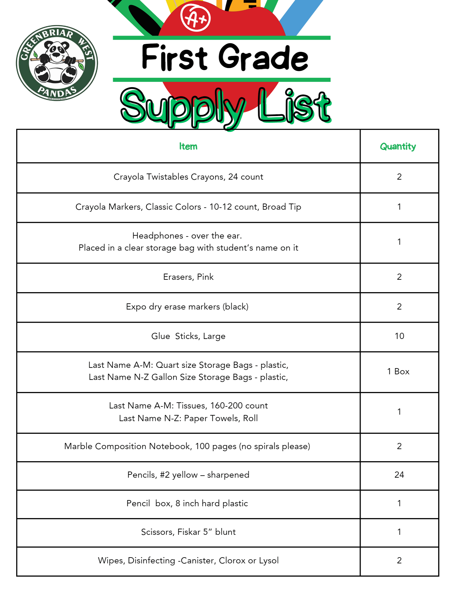 1st Grade Supply List Greenbriar West Elementary School